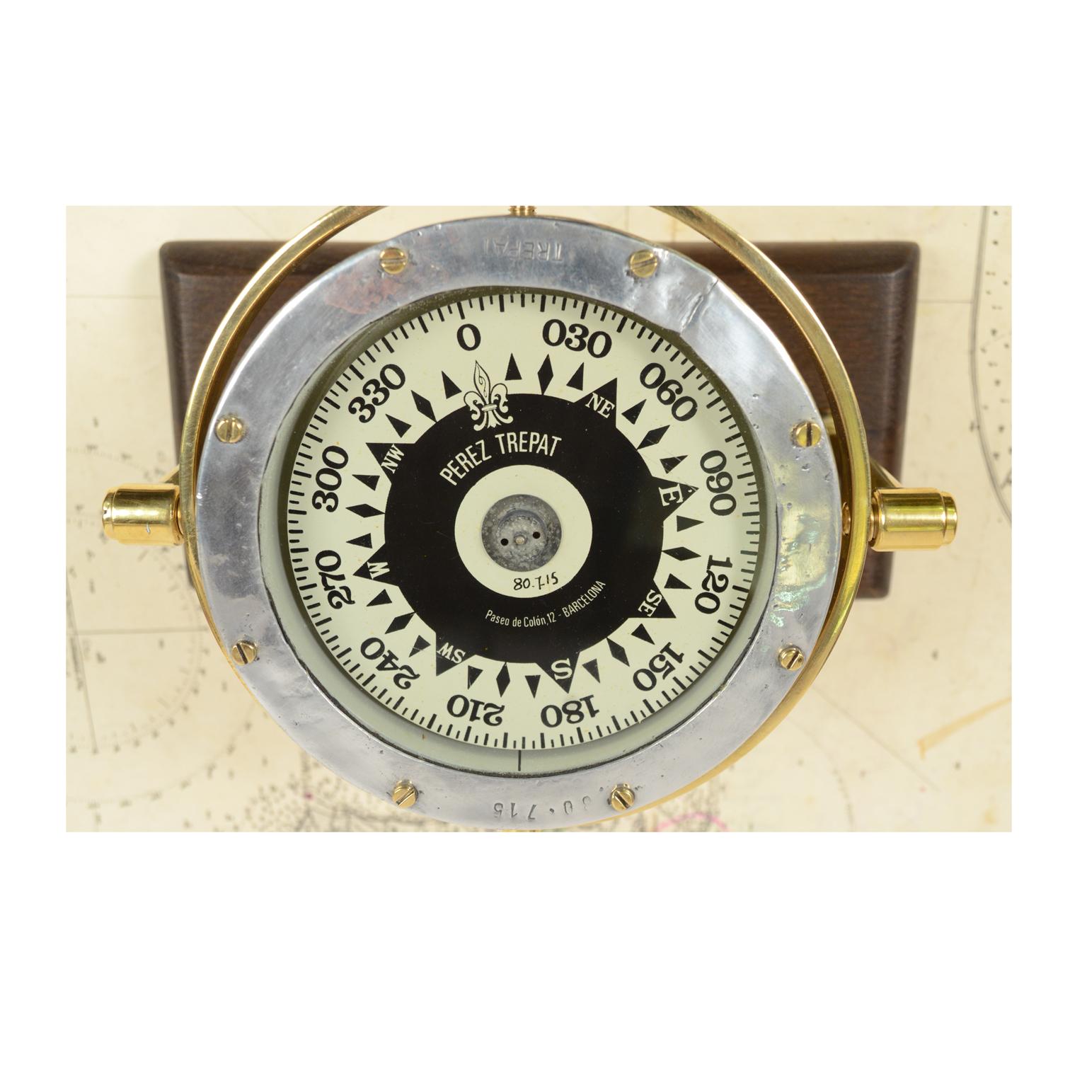 Spanish Brass Compass on Wooden Board, 1940s 3