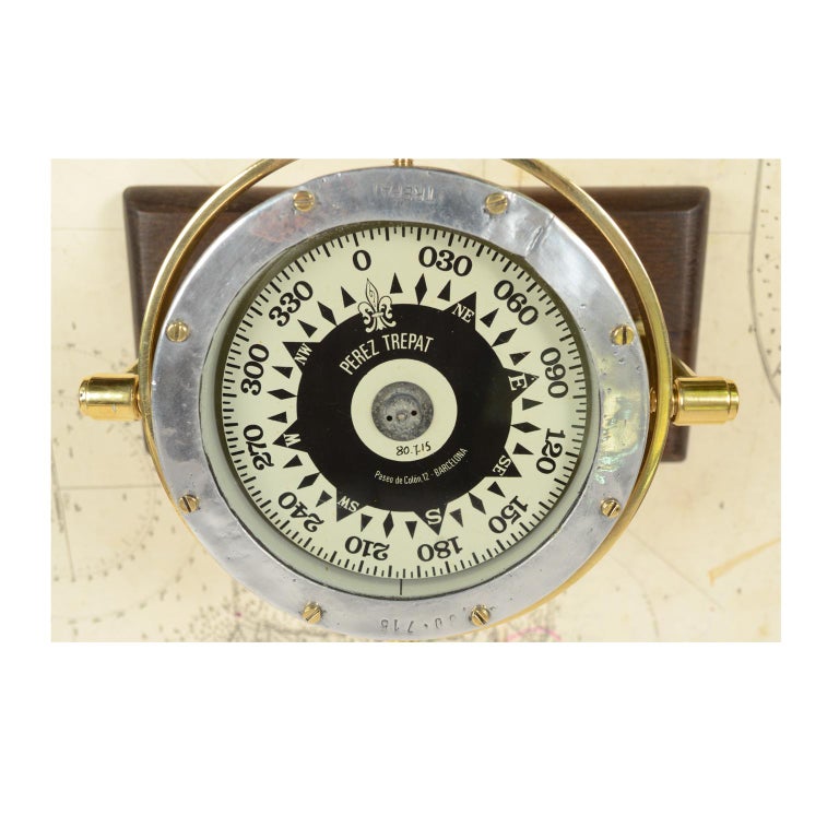 Spanish Brass Compass on Wooden Board, 1940s at 1stDibs