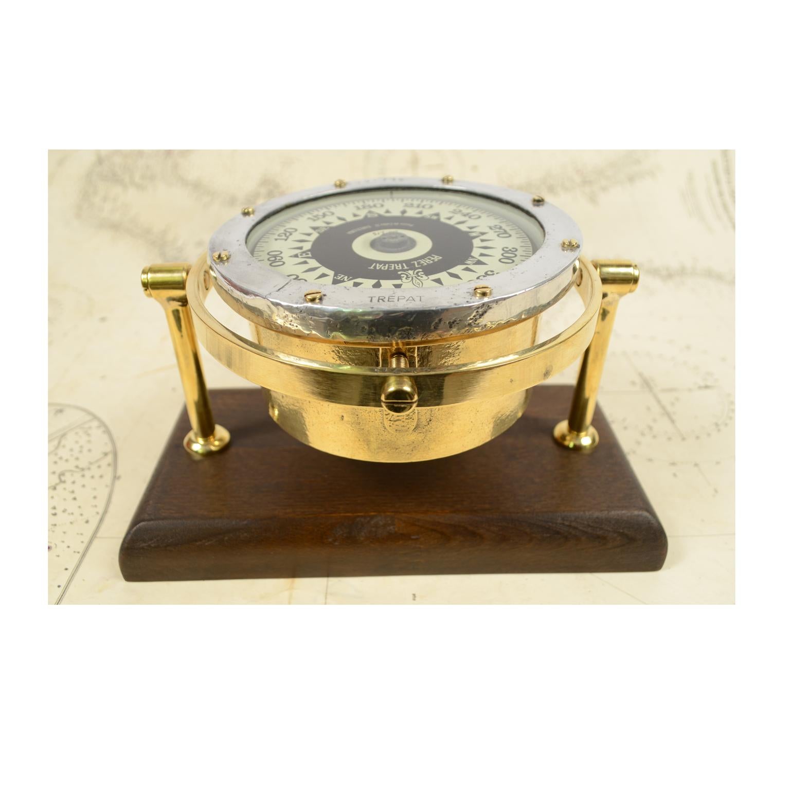 Spanish Brass Compass on Wooden Board, 1940s 4