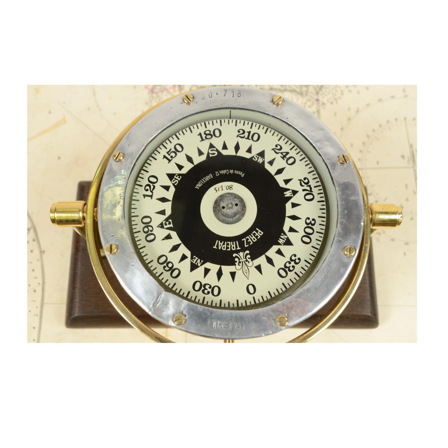 Spanish Brass Compass on Wooden Board, 1940s 5