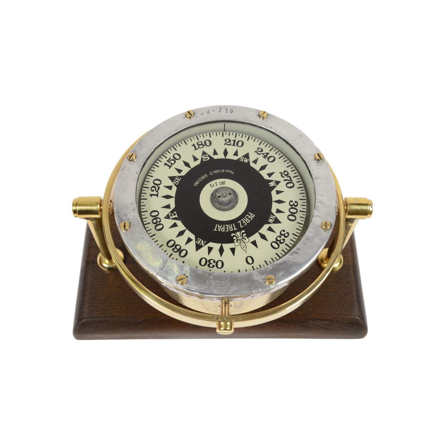 Spanish Brass Compass on Wooden Board, 1940s