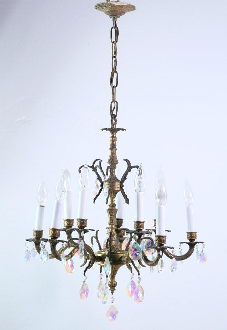Spanish Brass & Crystal Chandelier with Floral Detail 6