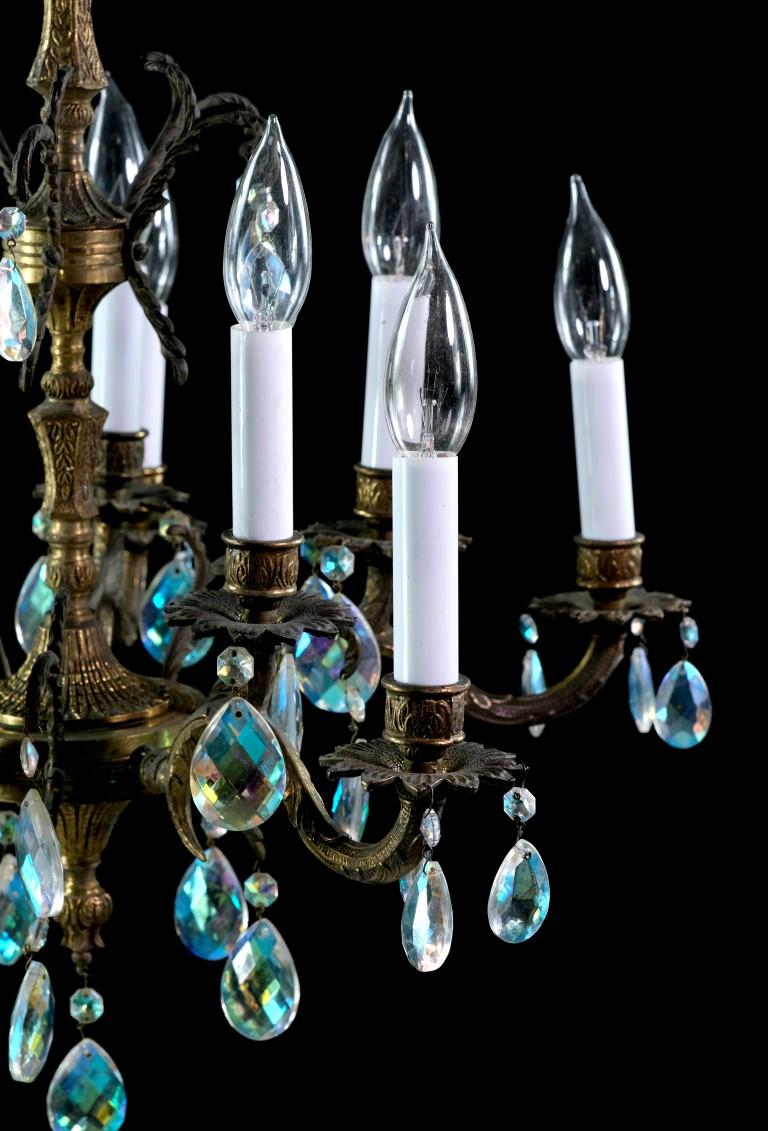 Spanish Brass & Crystal Chandelier with Floral Detail In Good Condition In New York, NY