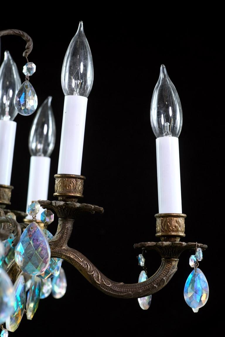 Mid-20th Century Spanish Brass & Crystal Chandelier with Floral Detail