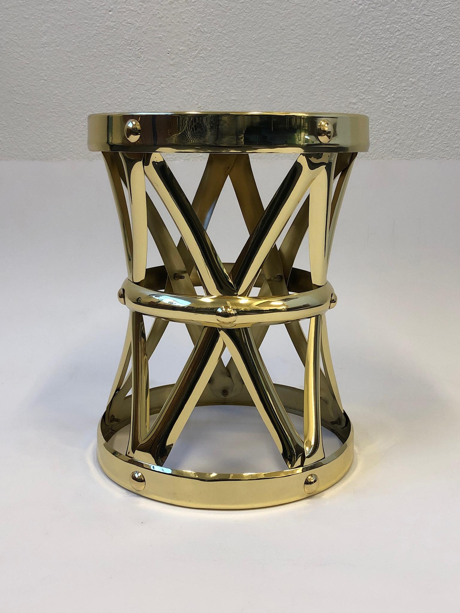 Hollywood Regency Spanish Brass Drum Occasional Side Table by Sarreid Ltd.