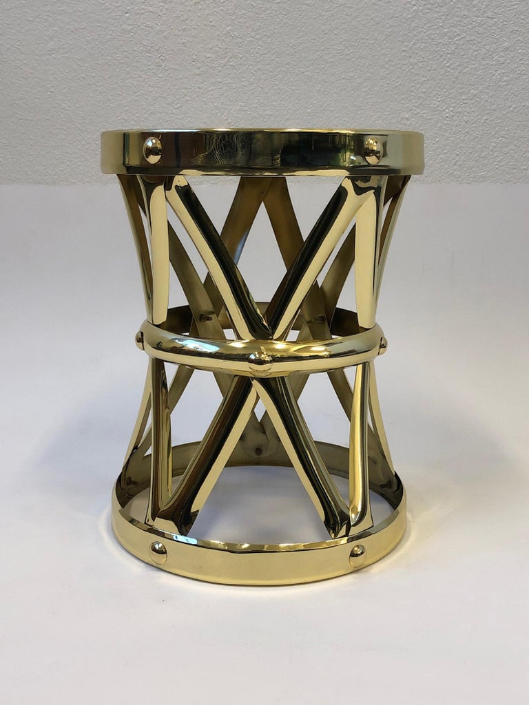 Hollywood Regency Spanish Brass Drum Occasional Side Table by Sarreid Ltd. For Sale