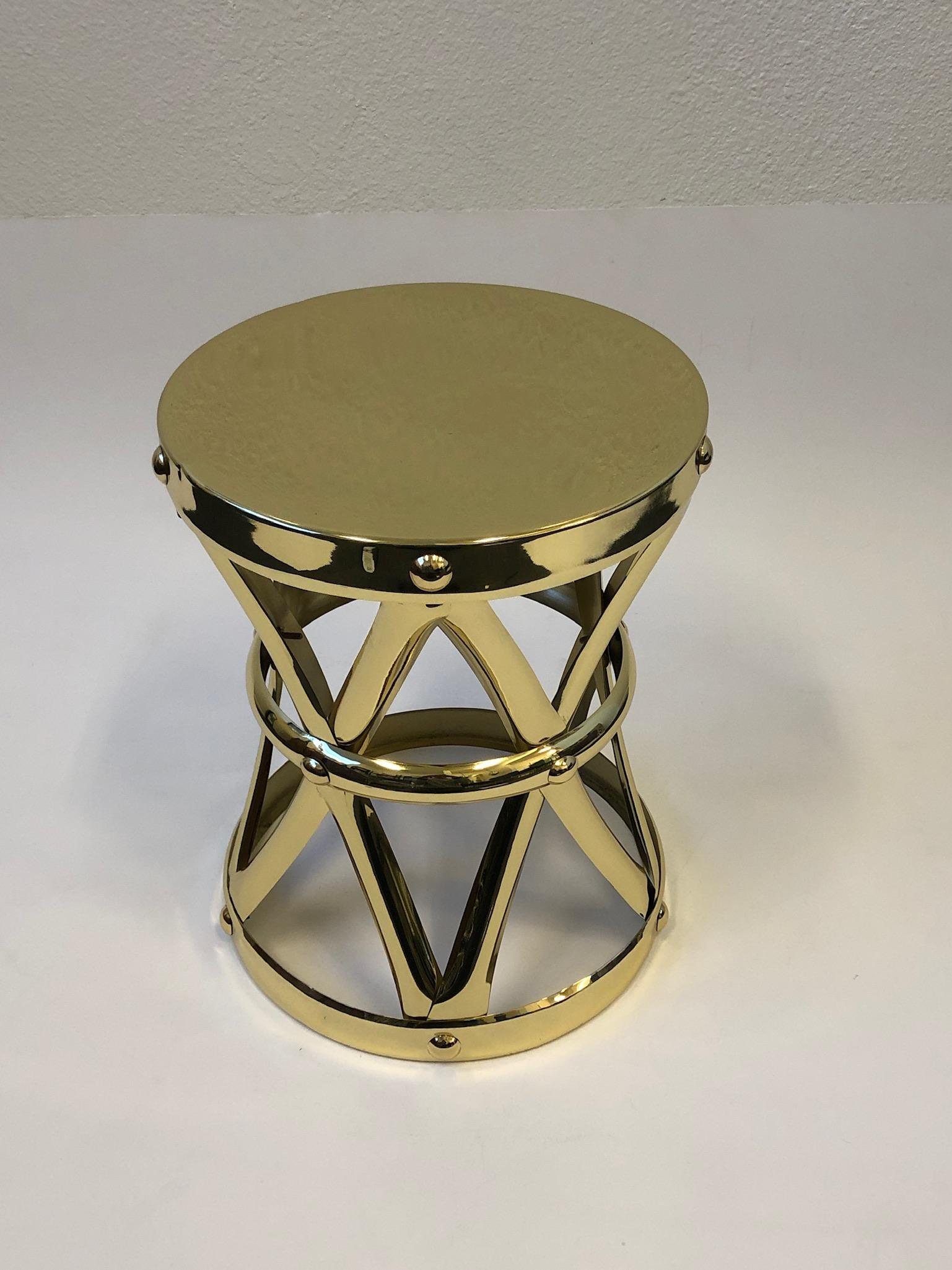 Polished Spanish Brass Drum Occasional Side Table by Sarreid Ltd.