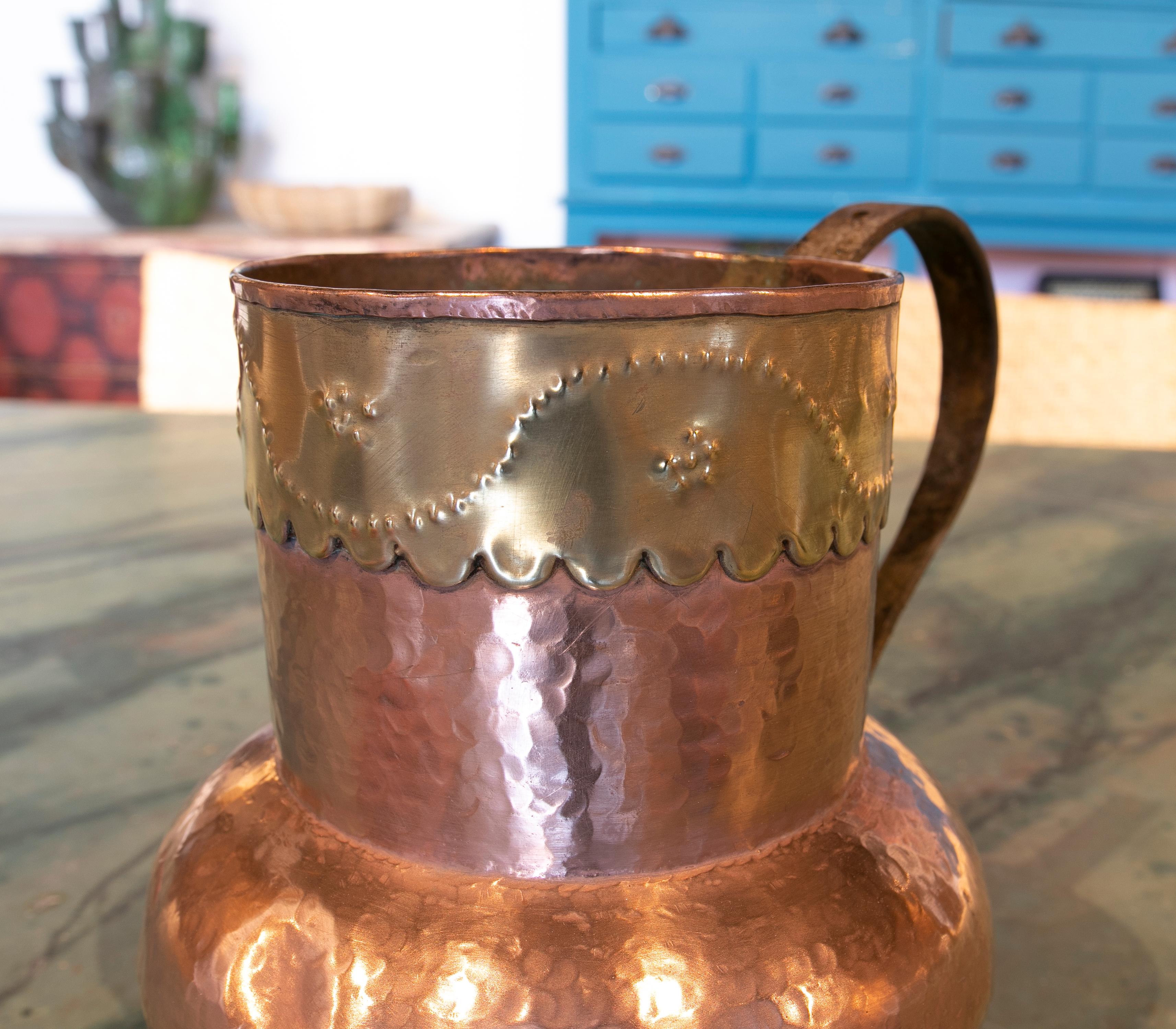 Spanish Brass Jug Decorated with Embossed Skirt on the Top For Sale 8