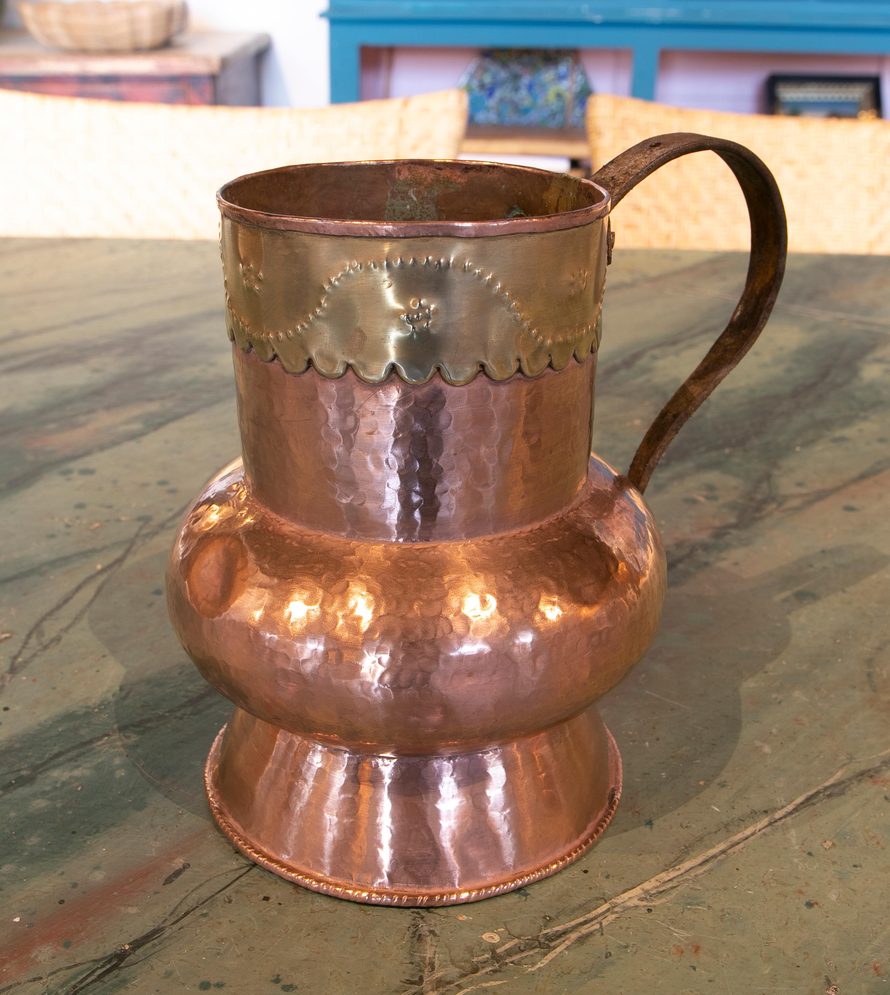 20th Century Spanish Brass Jug Decorated with Embossed Skirt on the Top For Sale