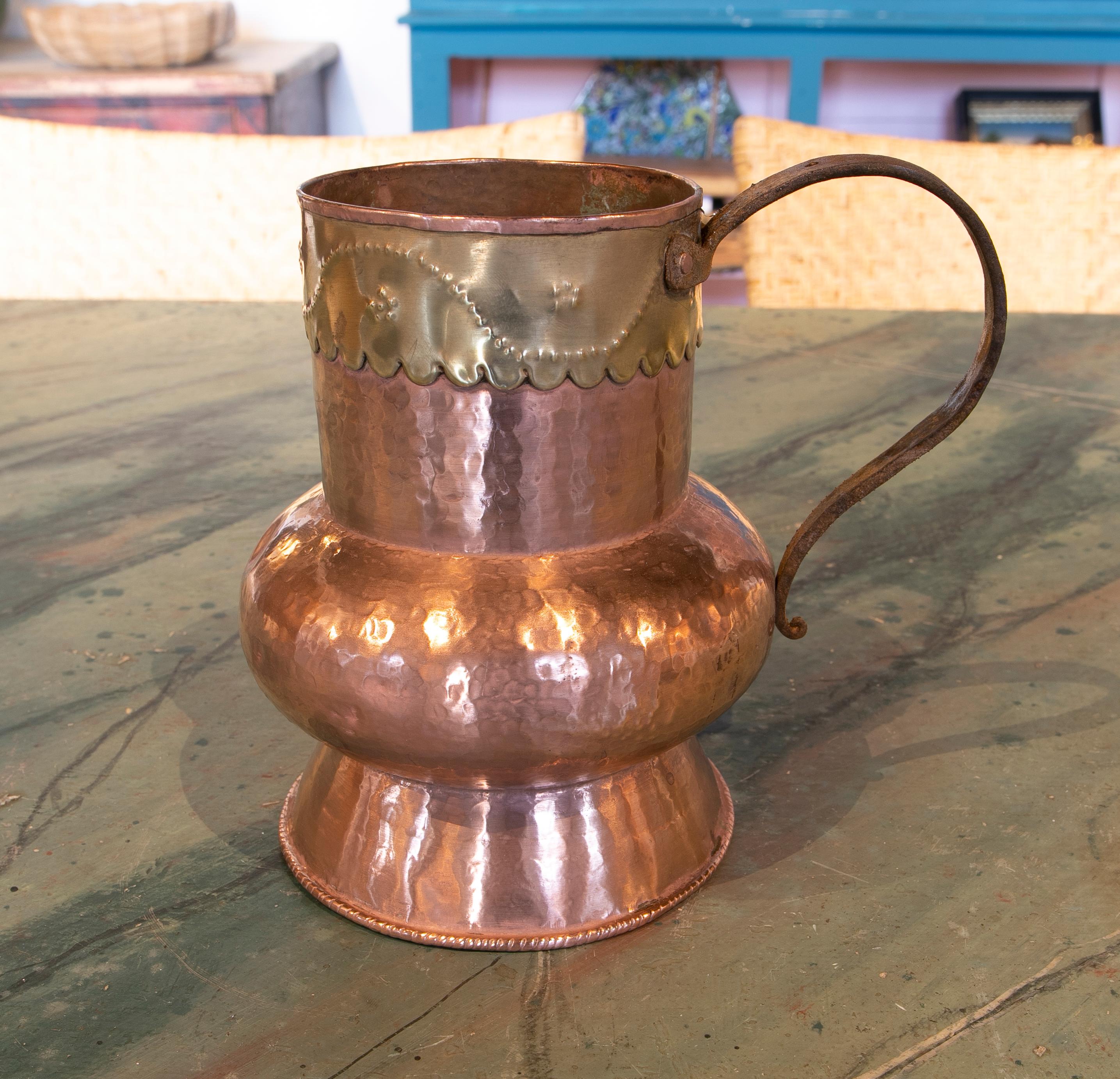 Copper Spanish Brass Jug Decorated with Embossed Skirt on the Top For Sale