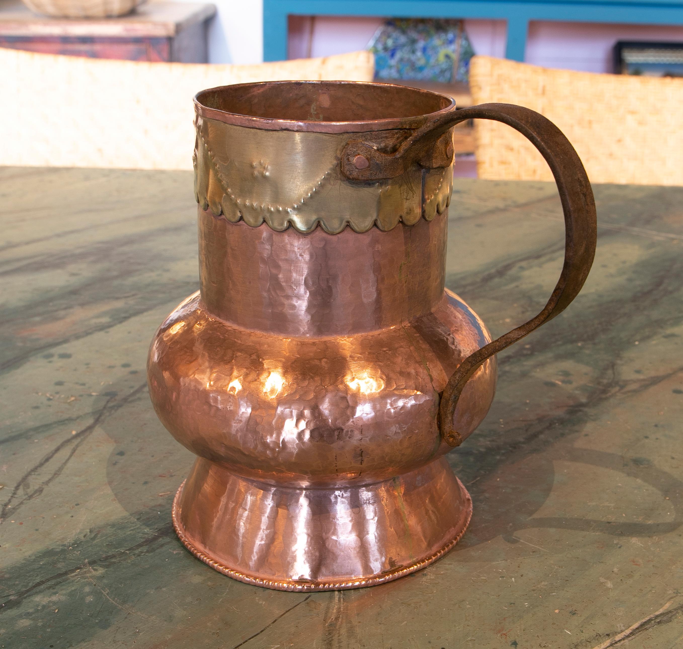 Spanish Brass Jug Decorated with Embossed Skirt on the Top For Sale 1