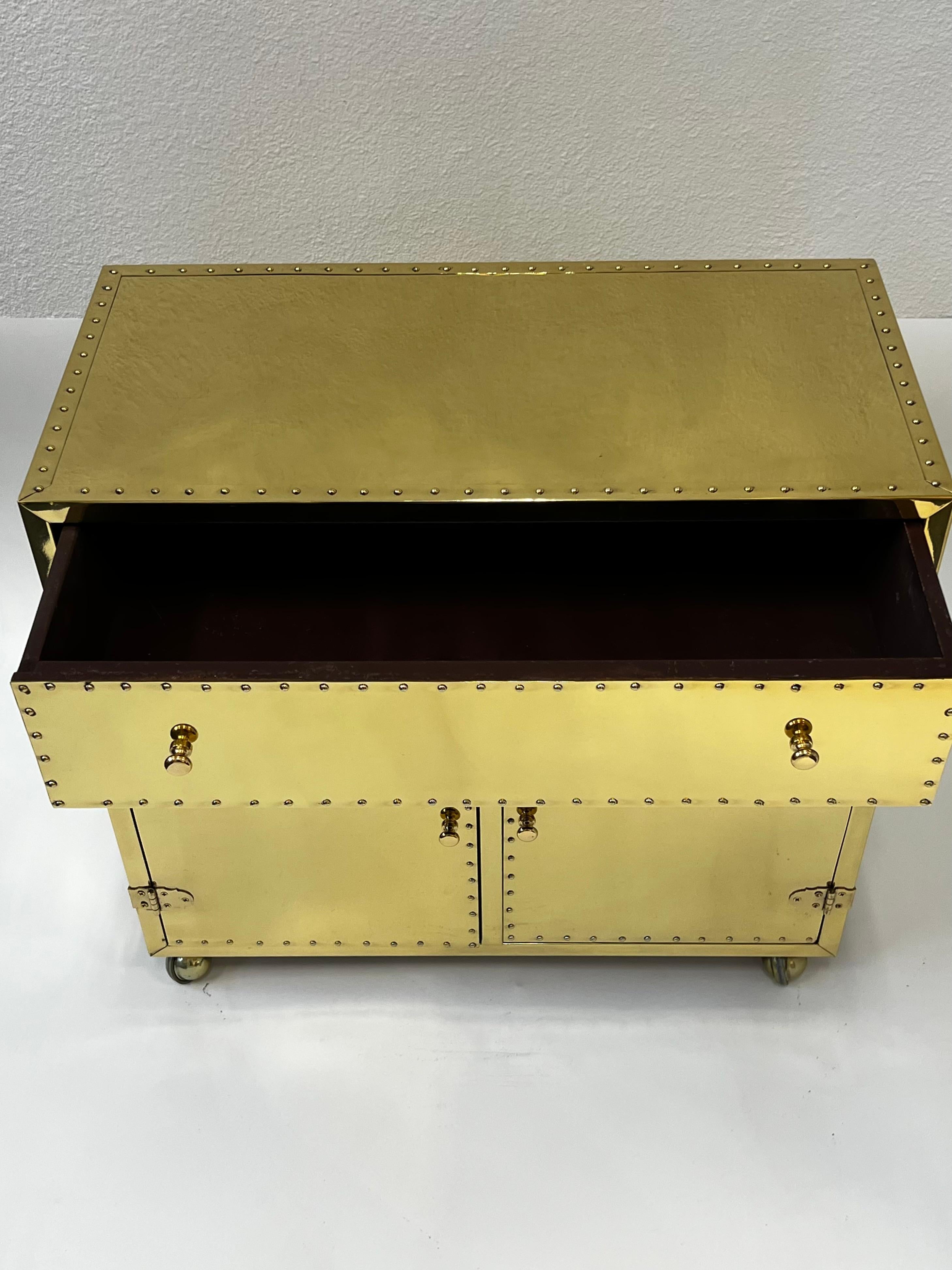 Spanish Brass Nightstand on Casters by Sarreid Ltd. In Good Condition For Sale In Palm Springs, CA