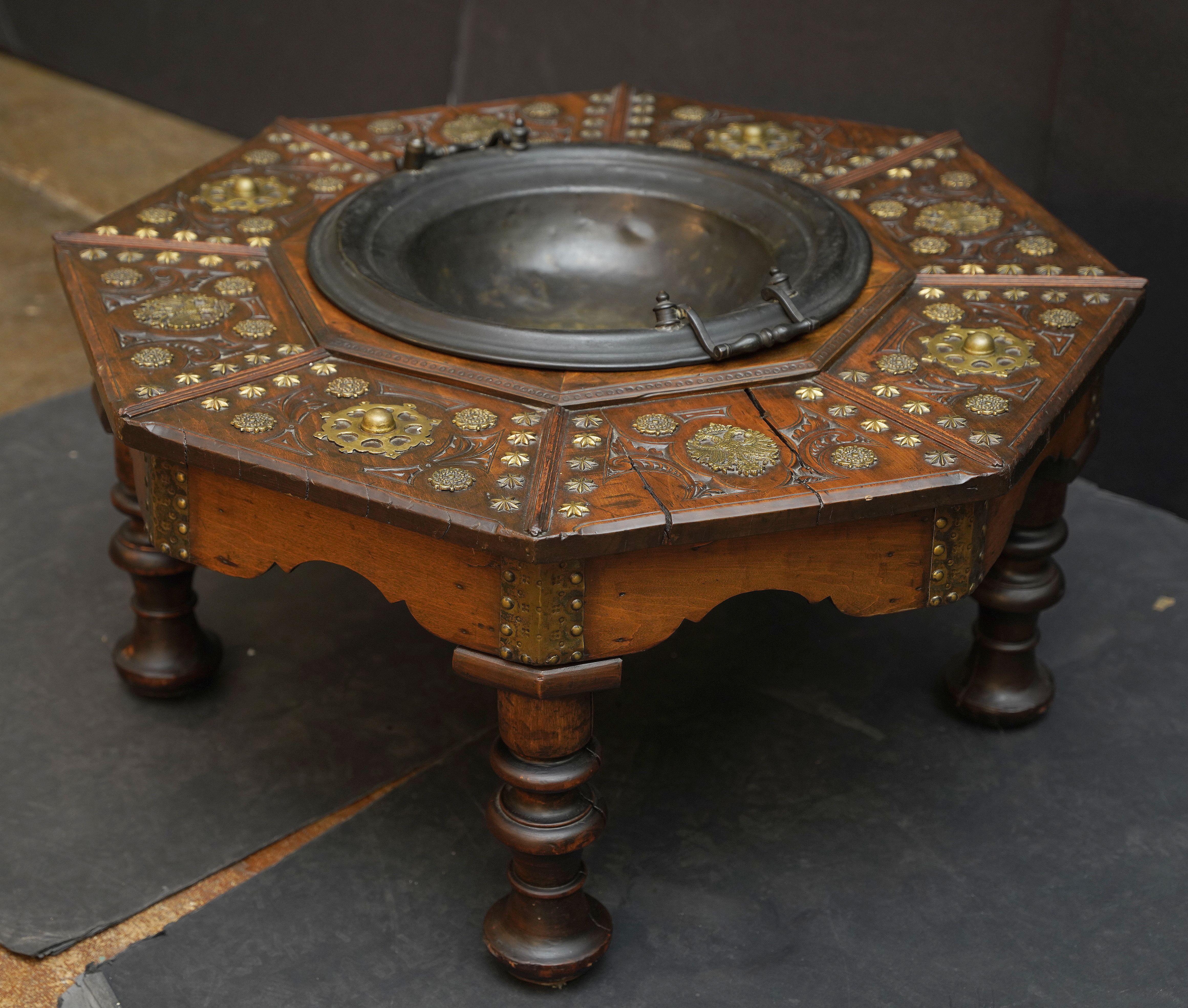 Patinated Spanish Brazier Warming Table of Brass-Bound Walnut