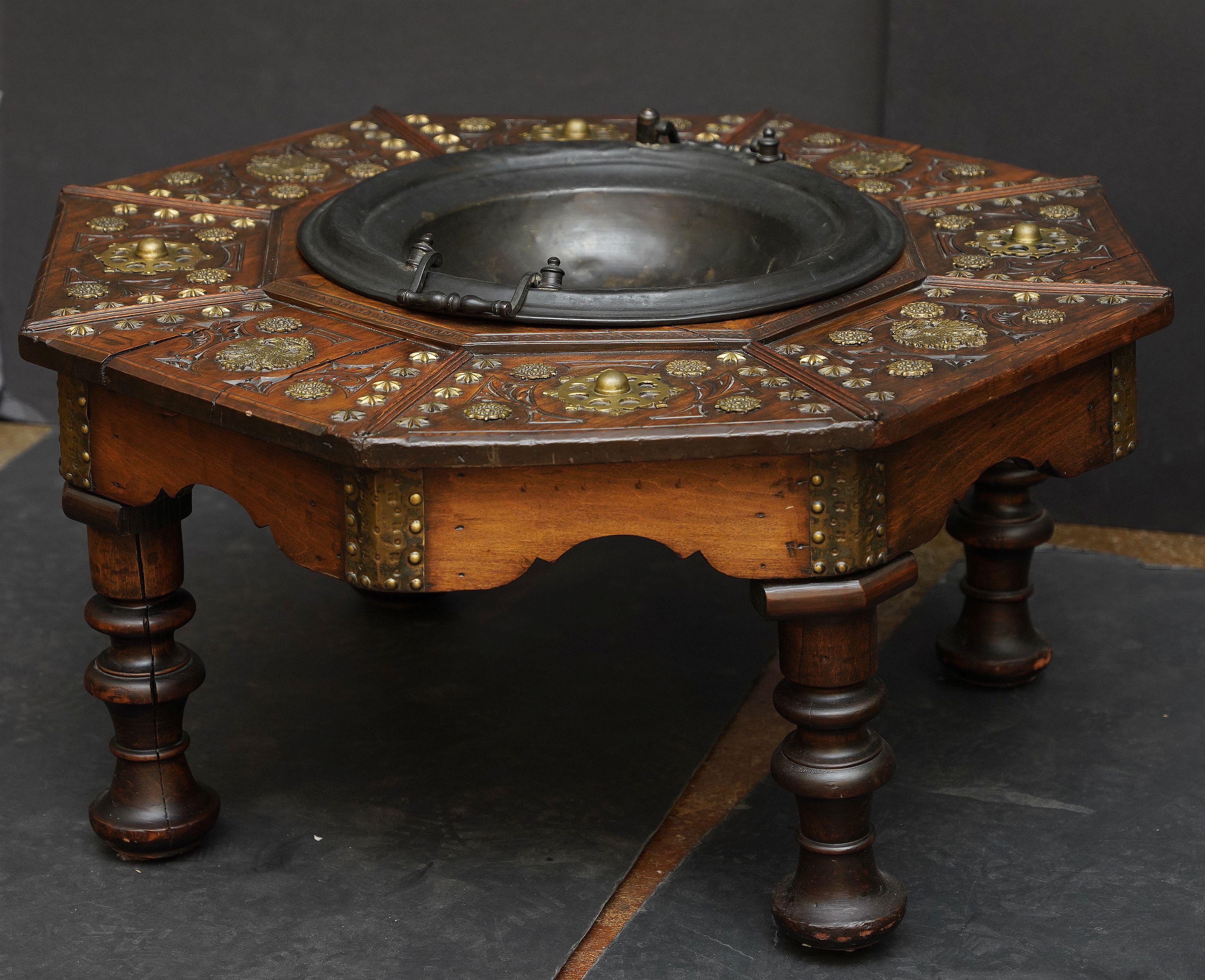 Metal Spanish Brazier Warming Table of Brass-Bound Walnut