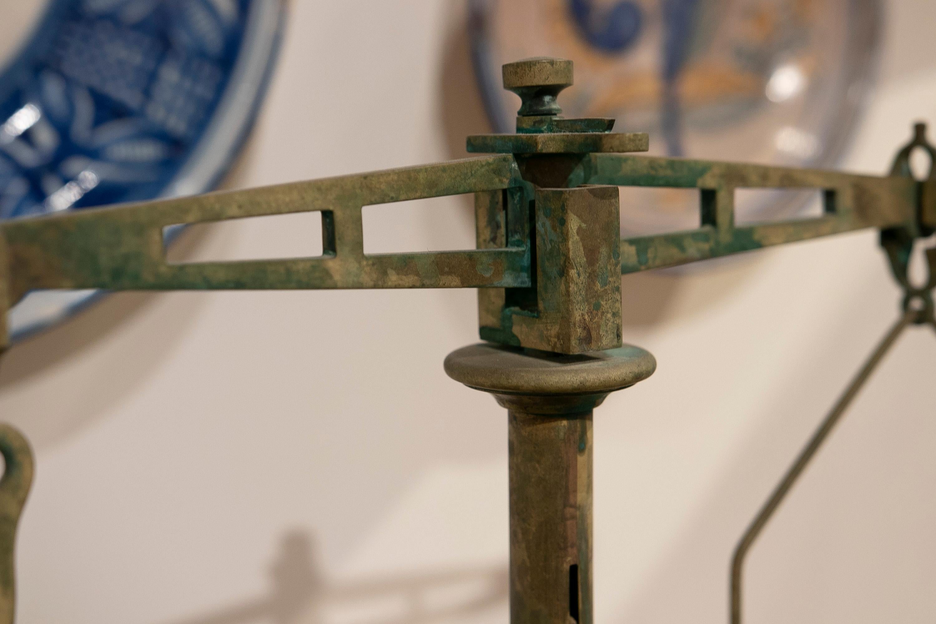 20th Century Spanish, Bronze Balance Scale with Green Painted Wooden Stand For Sale