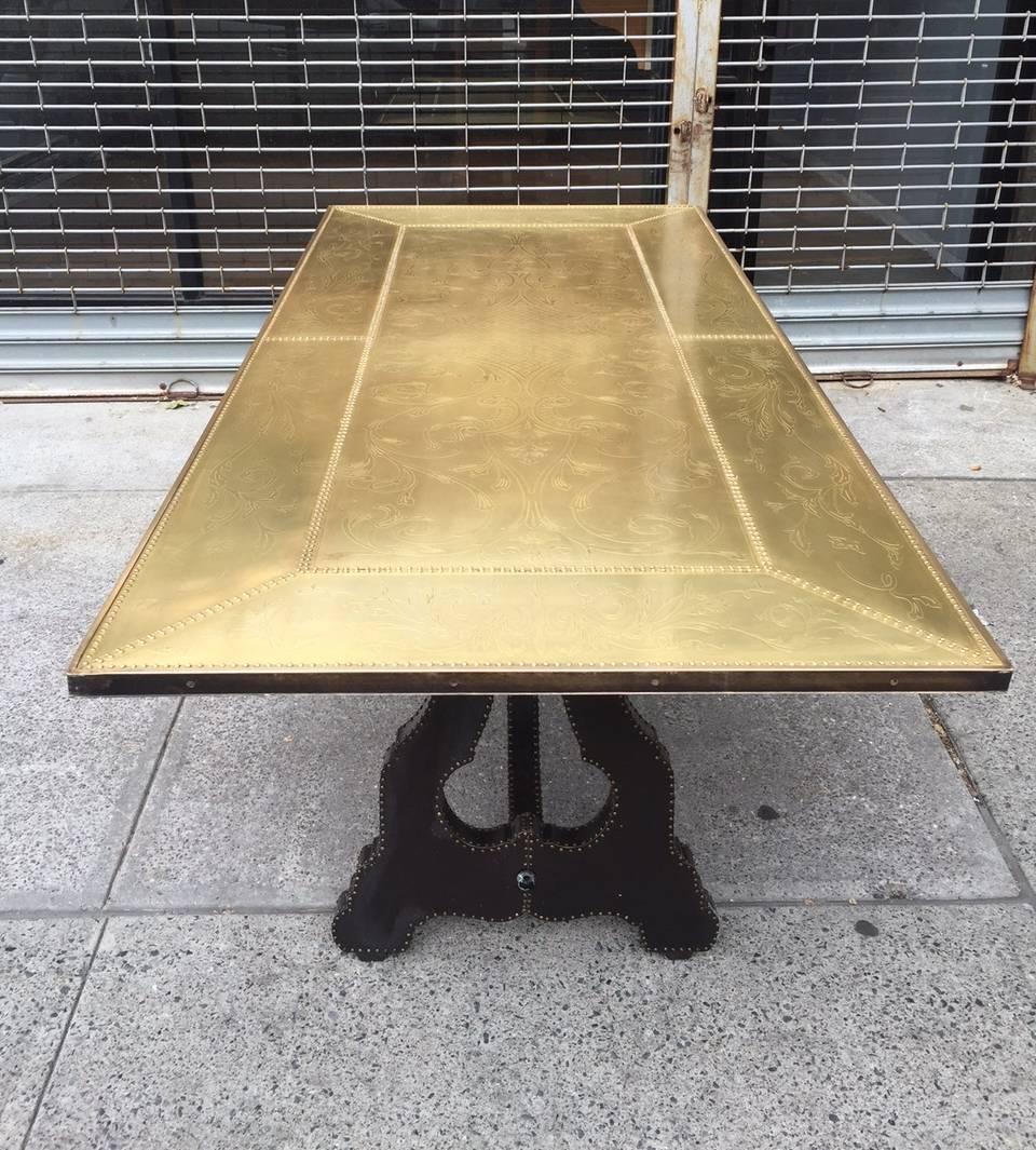 Spanish Bronze Etched Top Trestle Table In Good Condition For Sale In New York, NY