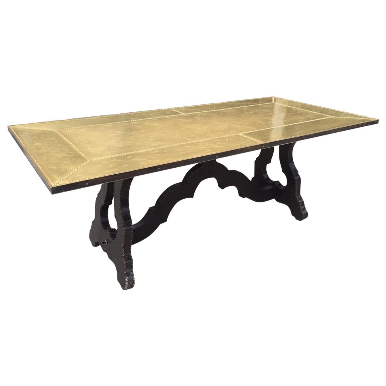 Spanish Bronze Etched Top Trestle Table For Sale