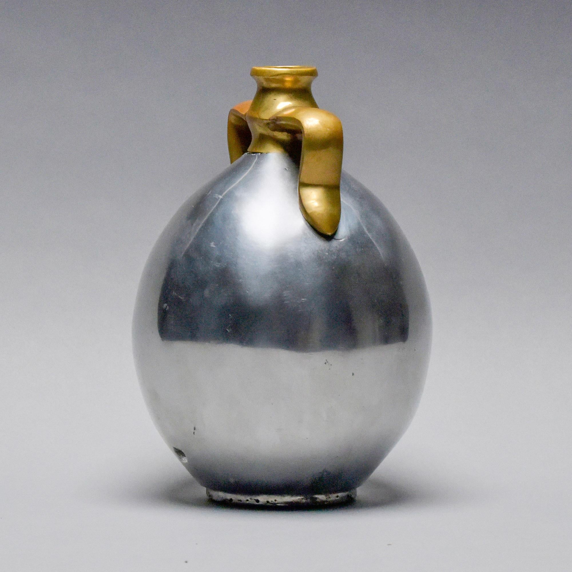 Spanish Brutalist Aluminum + Brass Jug Handled Vase Attrib to Alfonso Marquez In Good Condition For Sale In Troy, MI