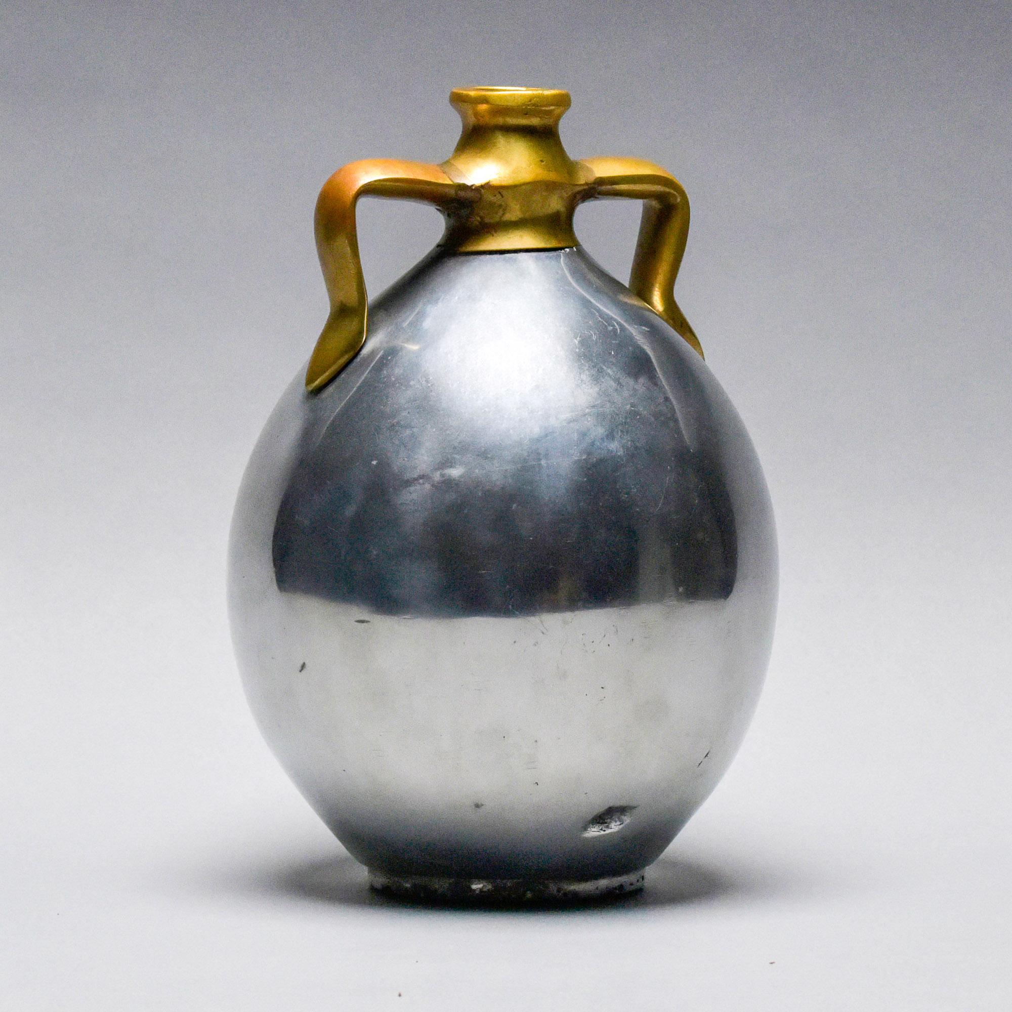 20th Century Spanish Brutalist Aluminum + Brass Jug Handled Vase Attrib to Alfonso Marquez For Sale