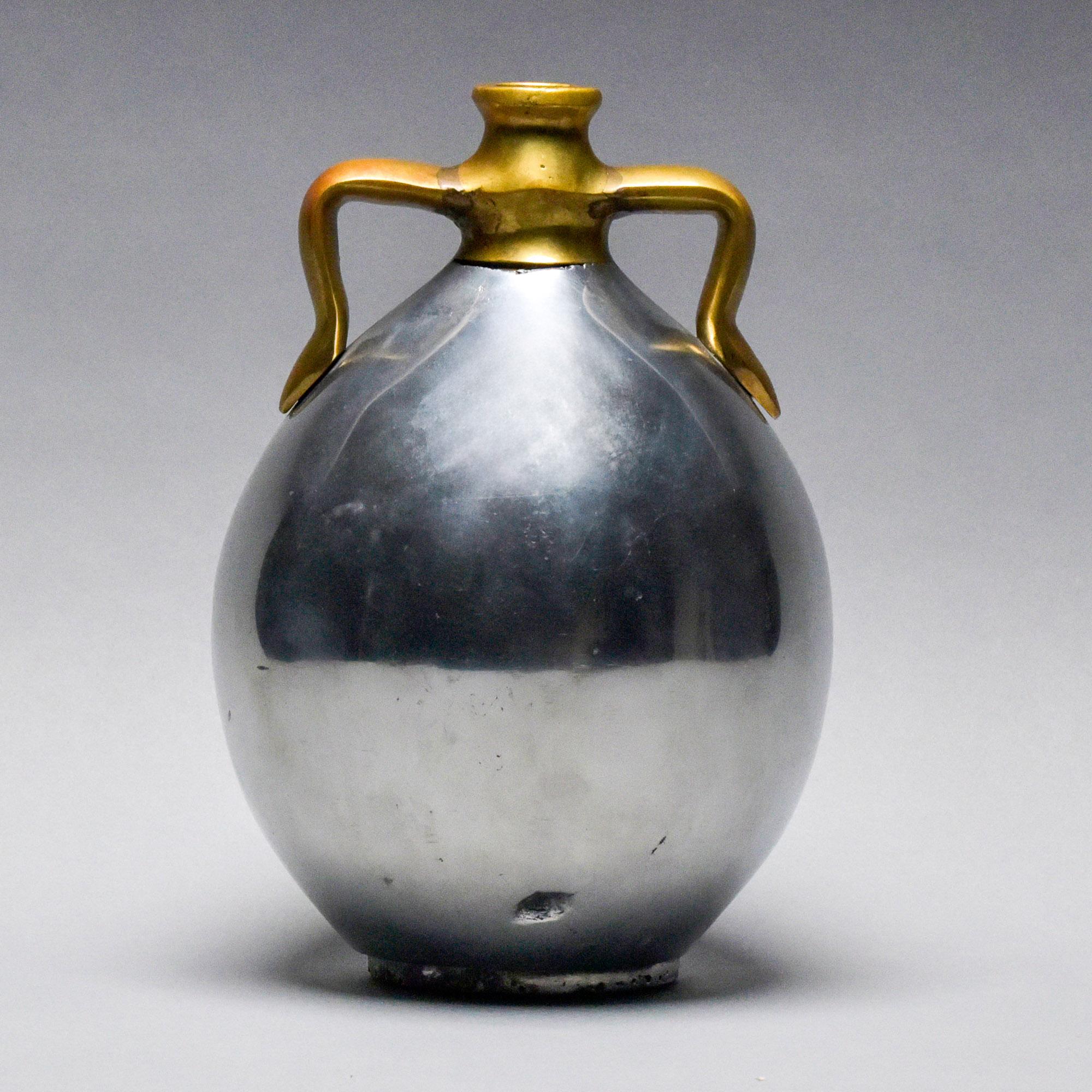 Spanish Brutalist Aluminum + Brass Jug Handled Vase Attrib to Alfonso Marquez For Sale 1