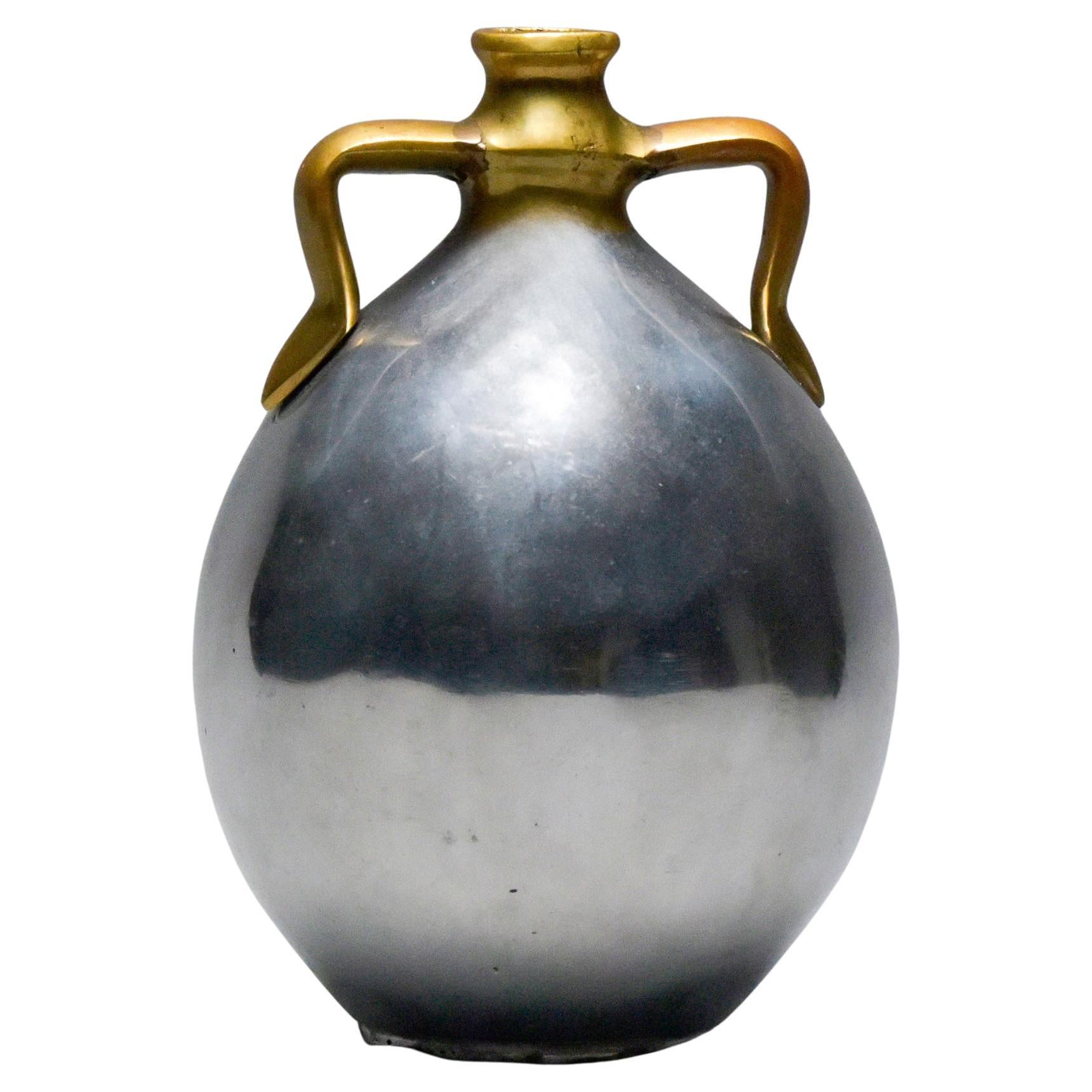Spanish Brutalist Aluminum + Brass Jug Handled Vase Attrib to Alfonso Marquez For Sale