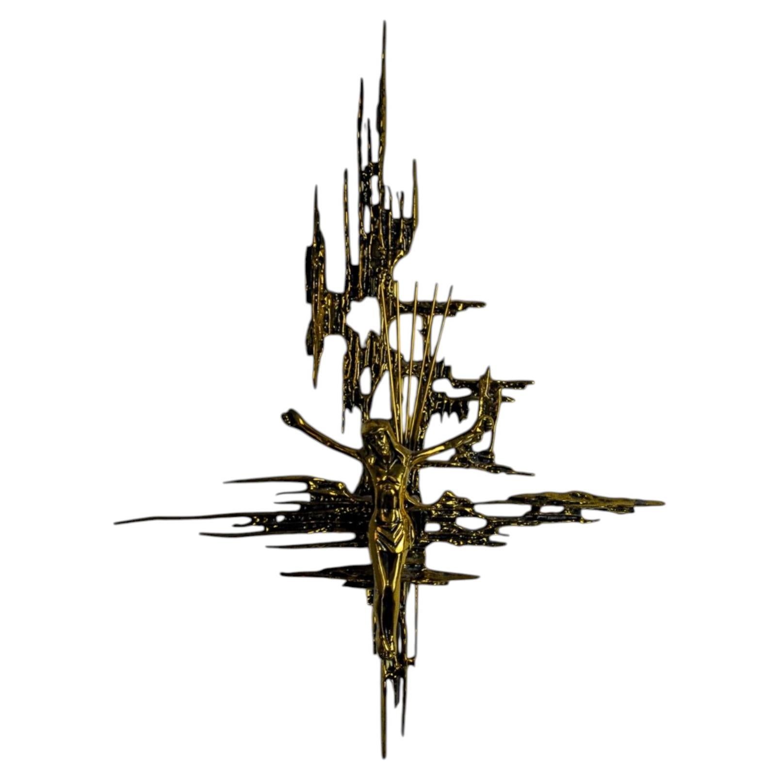 Spanish Brutalist Brass Crucifix after Dalí's Christ, 1970's For Sale