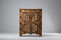 Spanish Brutalist Carved Oak Cabinet, Late 19th Century Revival Period