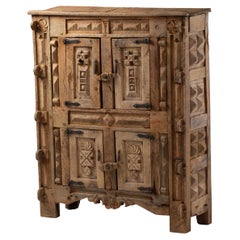 Spanish Brutalist Carved Oak Cabinet, Late 19th Century Revival Period