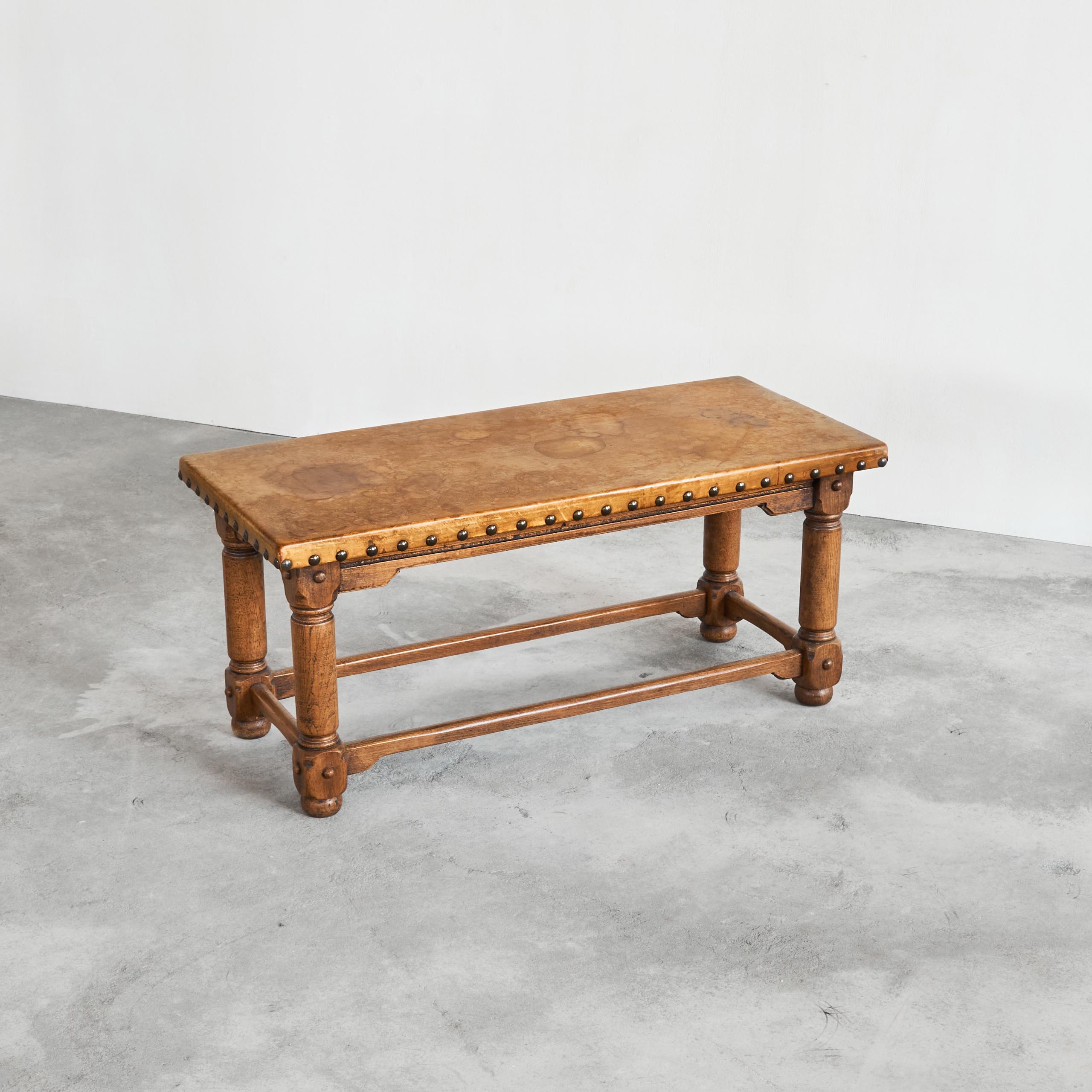 Hand-Crafted Spanish Brutalist Coffee Table in Solid Oak, Metal and Patinated Leather 1940s For Sale
