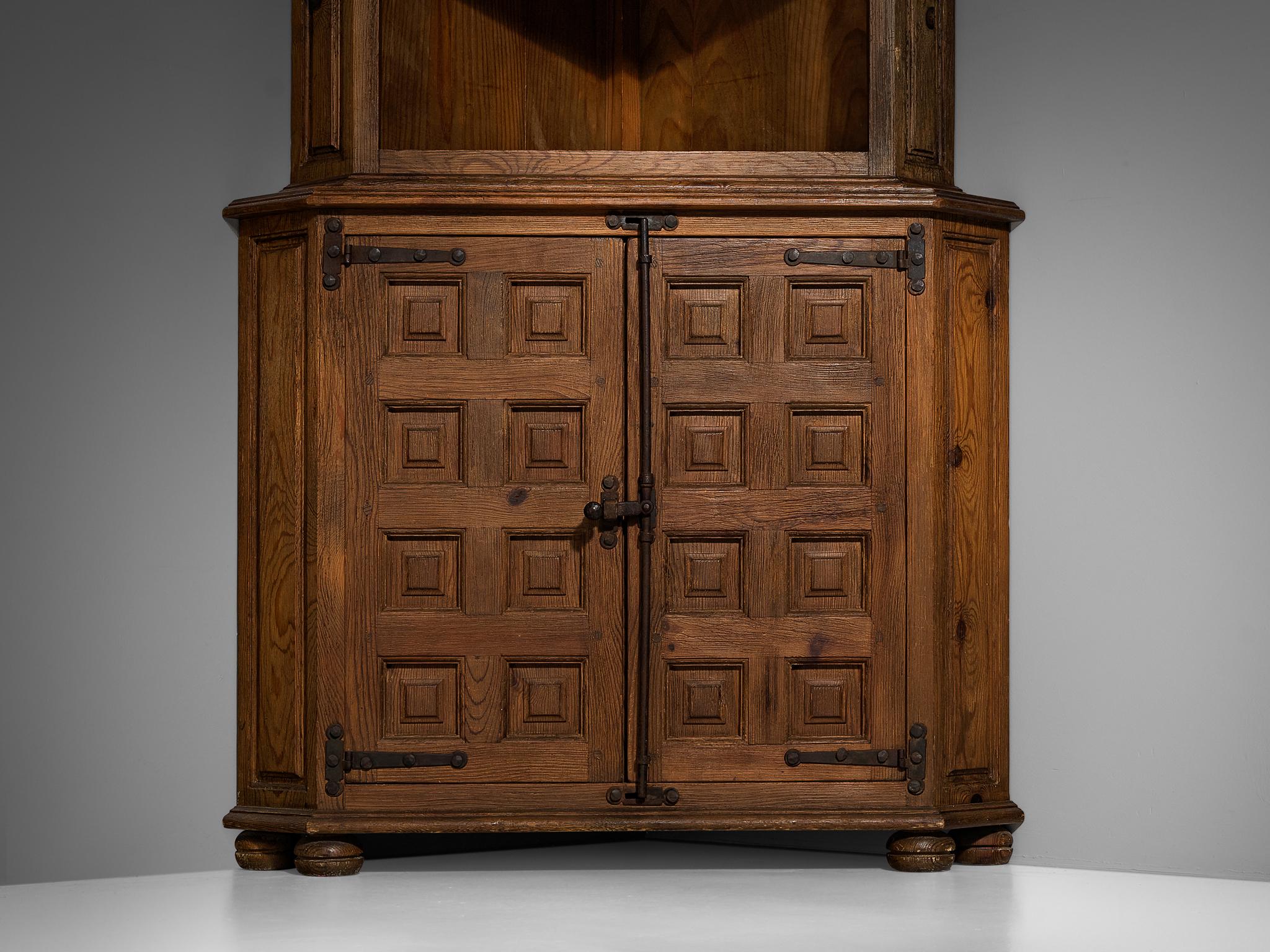Mid-20th Century Spanish Brutalist Corner Cabinet in Stained Pine  For Sale
