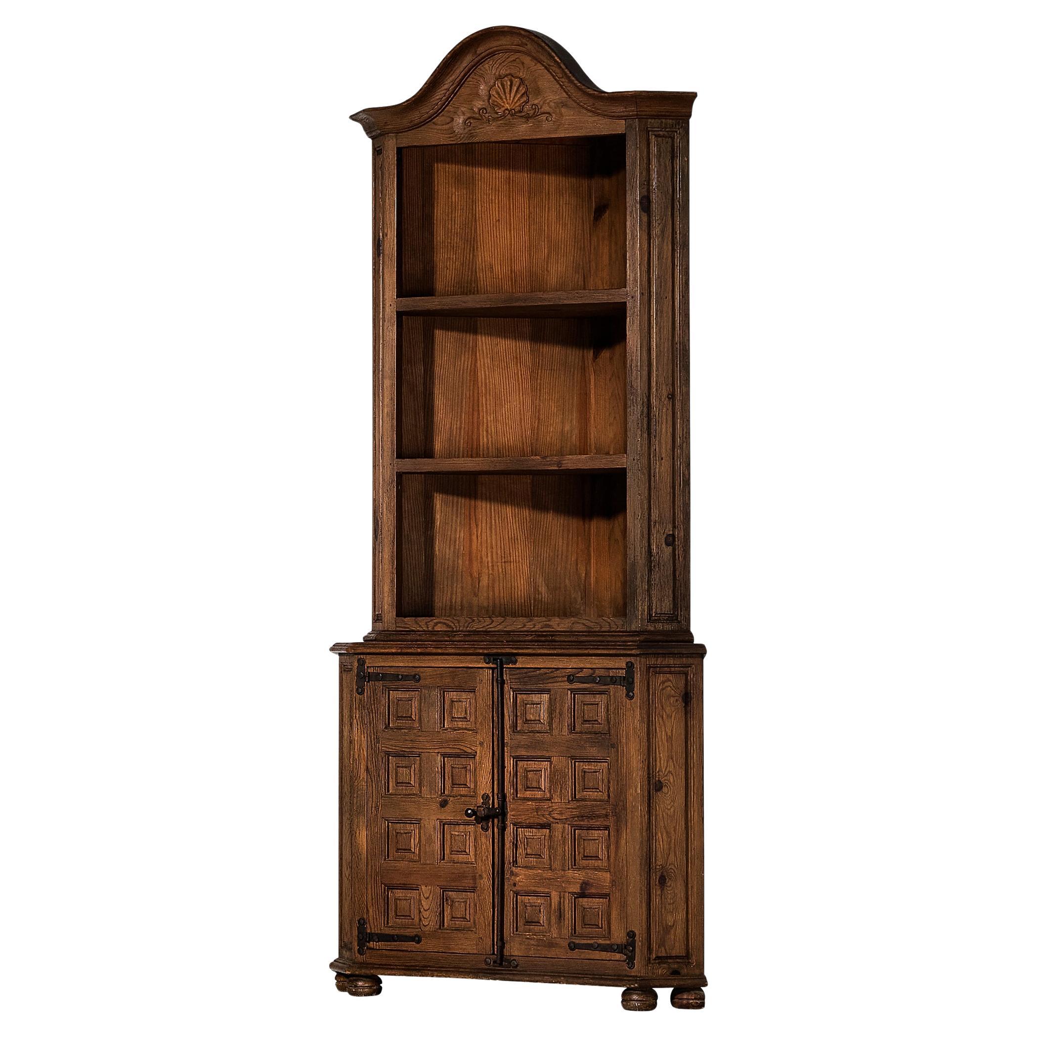 Spanish Brutalist Corner Cabinet in Stained Pine  For Sale