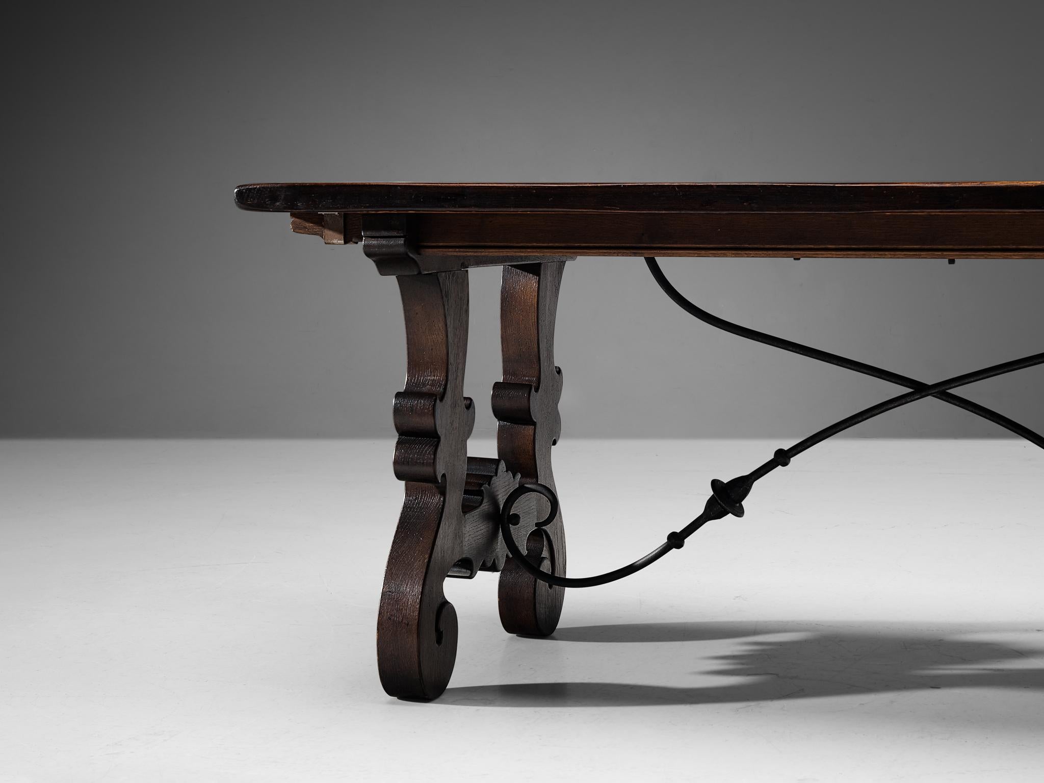 Baroque Spanish Brutalist Dining Table in Oak and Wrought Iron  For Sale