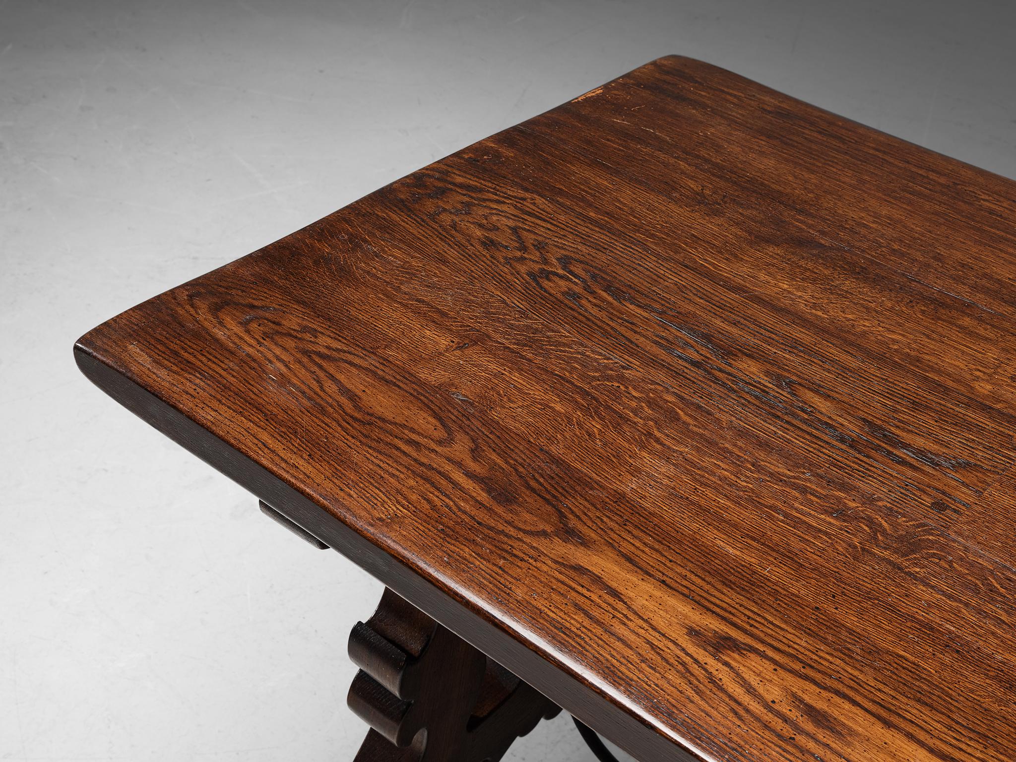 Mid-20th Century Spanish Brutalist Dining Table in Oak and Wrought Iron  For Sale