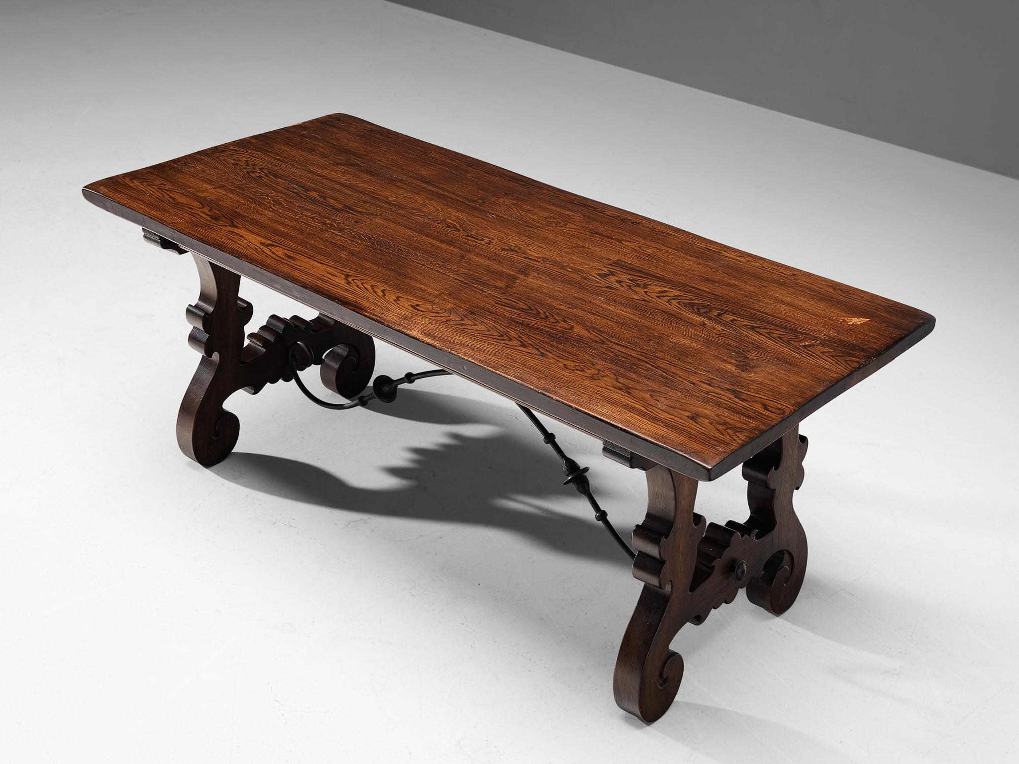 Spanish Brutalist Dining Table in Oak and Wrought Iron  For Sale 1