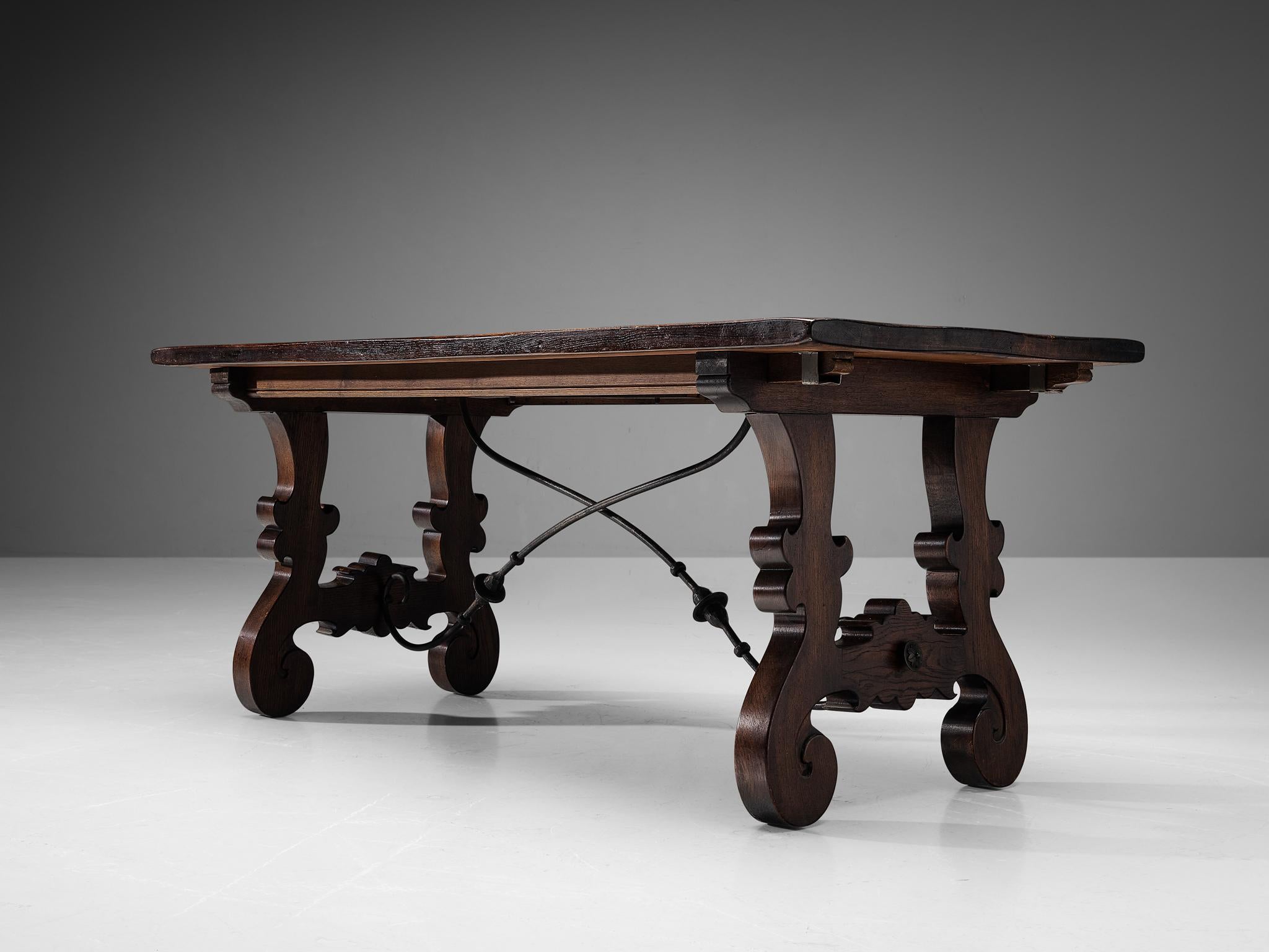 Spanish Brutalist Dining Table in Oak and Wrought Iron  For Sale 2