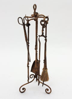 Spanish Brutalist Fireplace Tool Set Stand in Gilt Wrought Iron and Knot Design