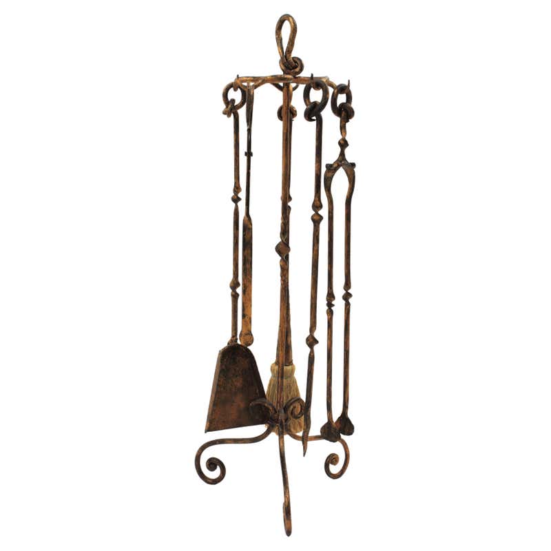 Spanish Gothic Revival Fireplace Tools Set Stand in Wrought Iron For ...