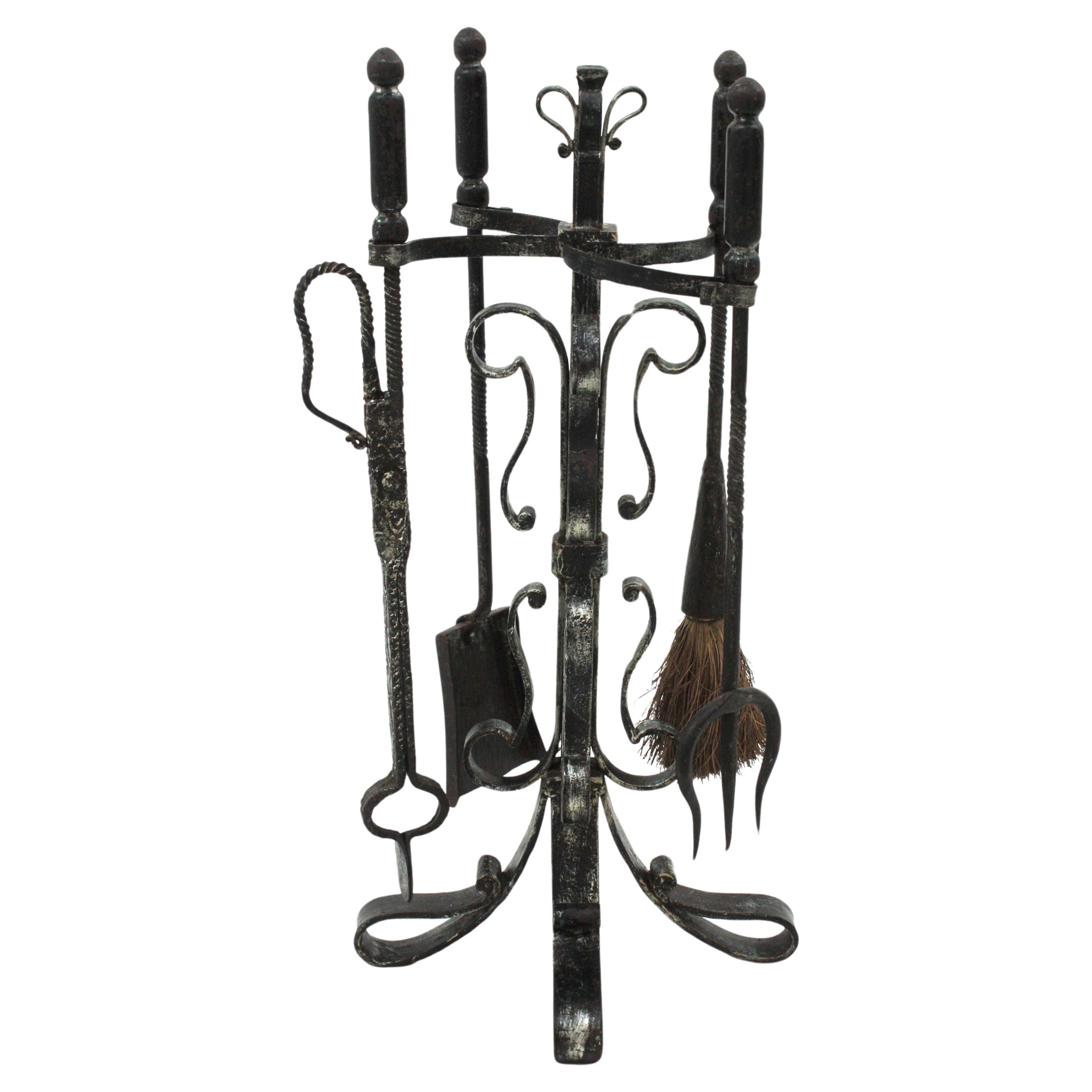Spanish Brutalist Fireplace Tool Set Stand in Wrought Iron and Scroll Loop Motif