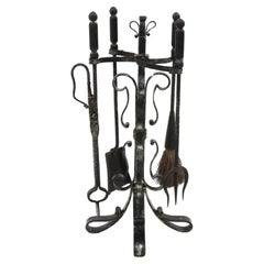 Spanish Brutalist Fireplace Tool Set Stand in Wrought Iron, Scroll Loop Motif