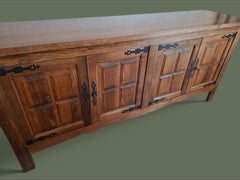Spanish Brutalist Four-Door Sideboard, Carved Oak, Wrought Iron, 1960s