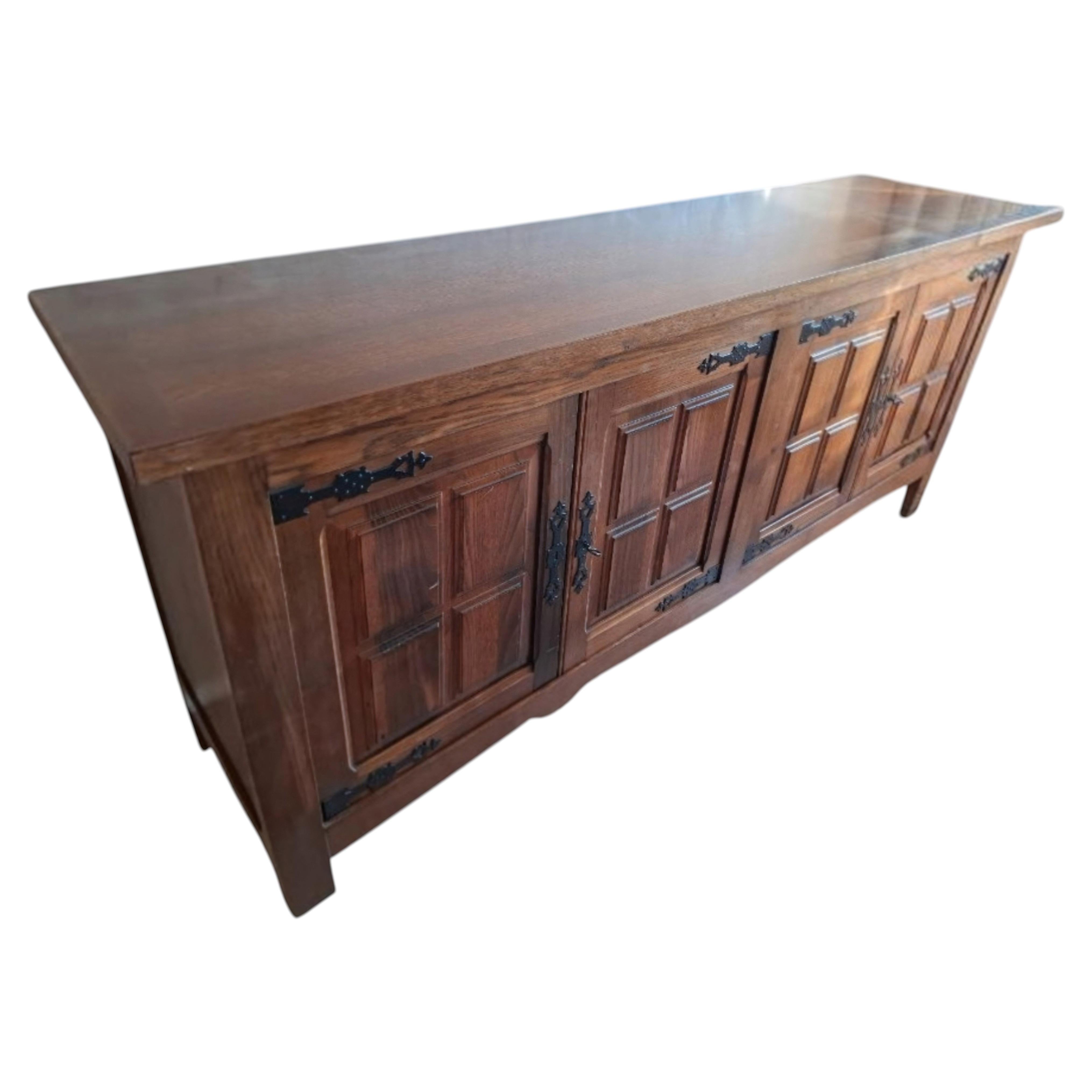 Spanish Brutalist Four-Door Sideboard, Carved Oak, Wrought Iron, 1960s For Sale