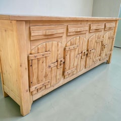 Spanish Brutalist Four-Door Sideboard, Solid Pine, Wrought Iron, 1970s