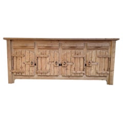 Spanish Brutalist Four-Door Sideboard, Solid Pine, Wrought Iron, 1970s