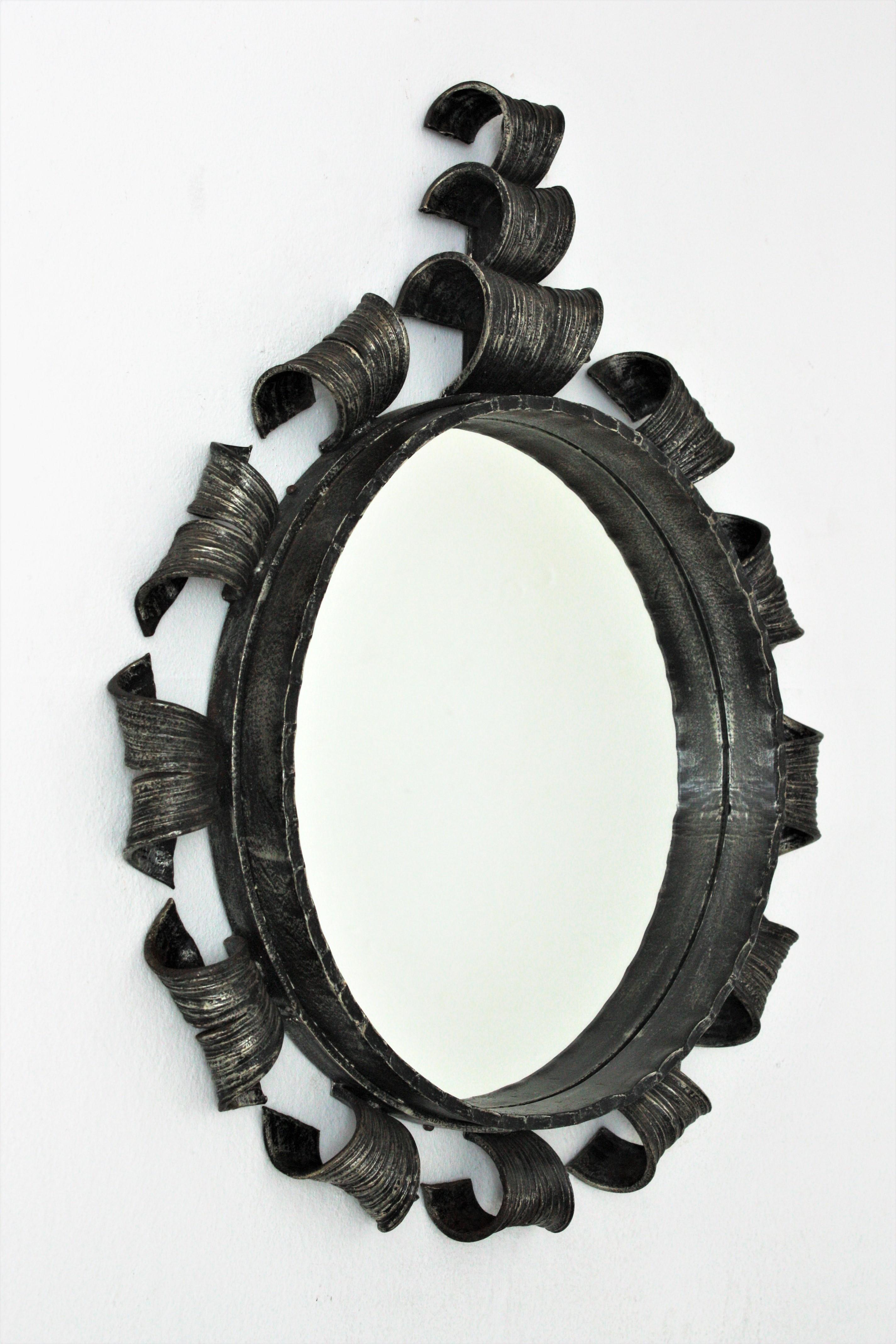 Spanish Sunburst Brutalist Mirror in Wrought Iron For Sale