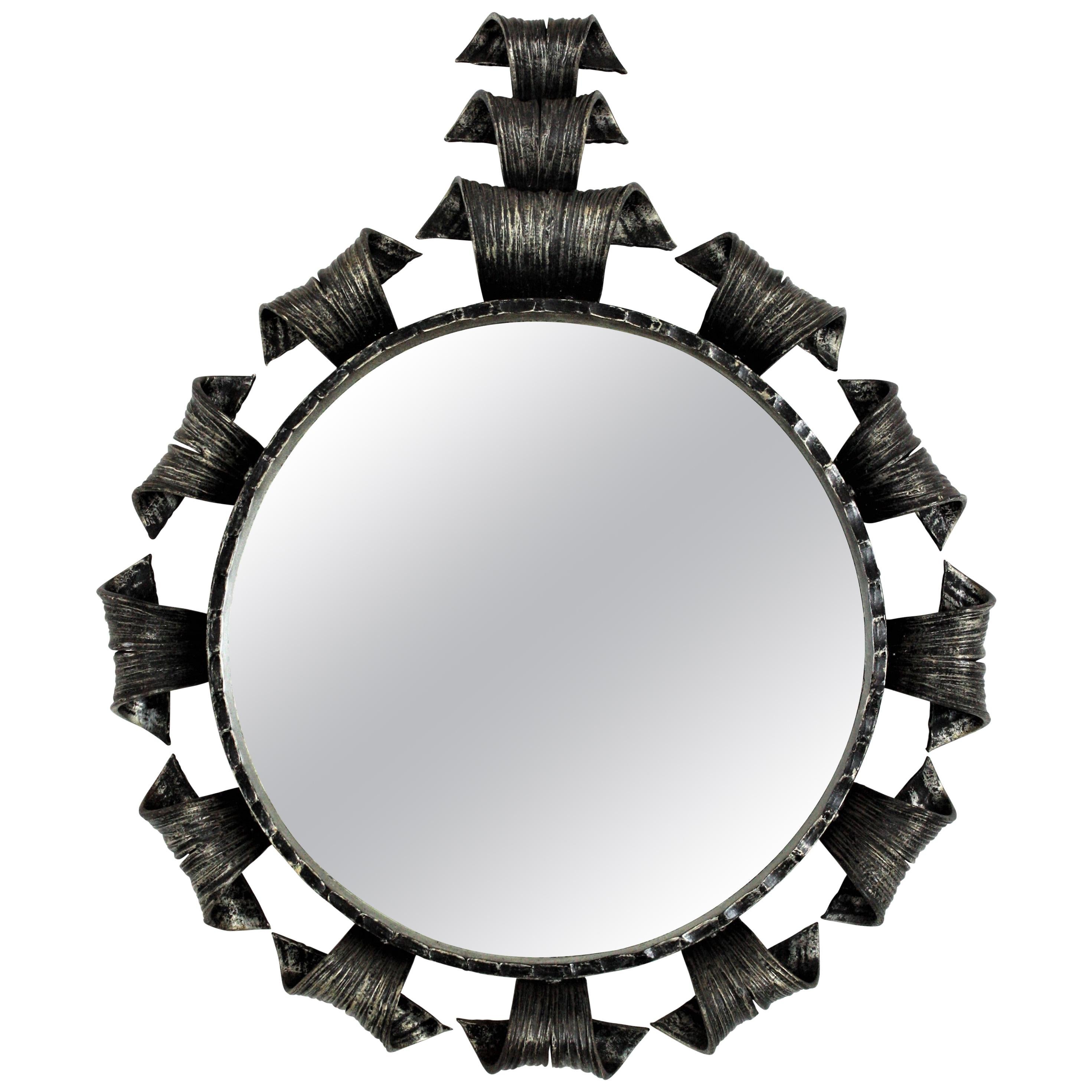 Sunburst Brutalist Mirror in Wrought Iron For Sale