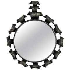 Spanish Brutalist Sunburst Mirror with Crest, Hand Forged Iron 