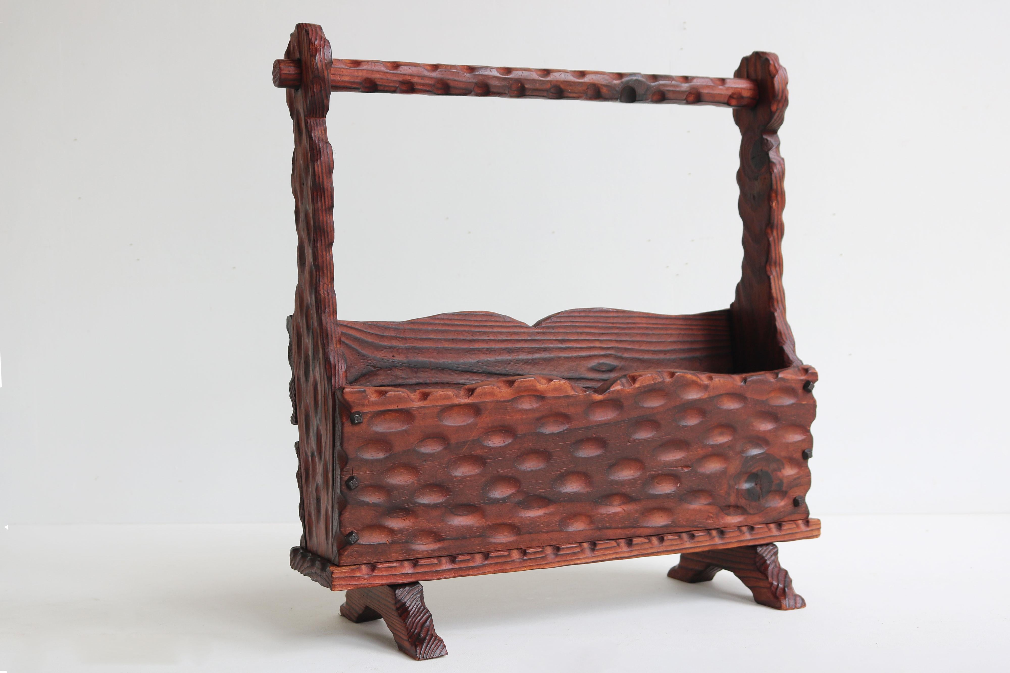 Mid-20th Century Spanish brutalist magazin rack / book stand carved wood wrought iron 1960 For Sale