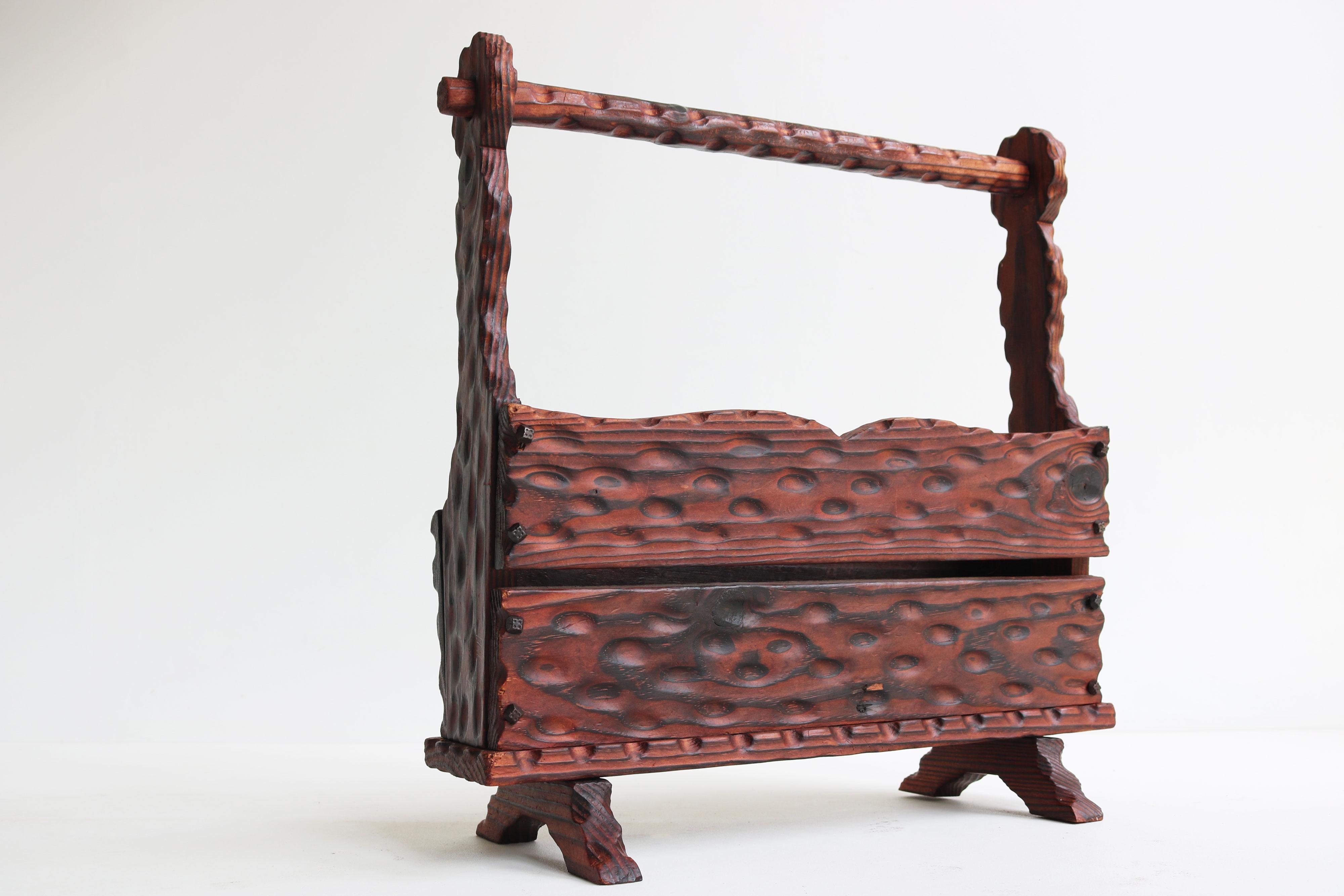Wrought Iron Spanish brutalist magazin rack / book stand carved wood wrought iron 1960 For Sale