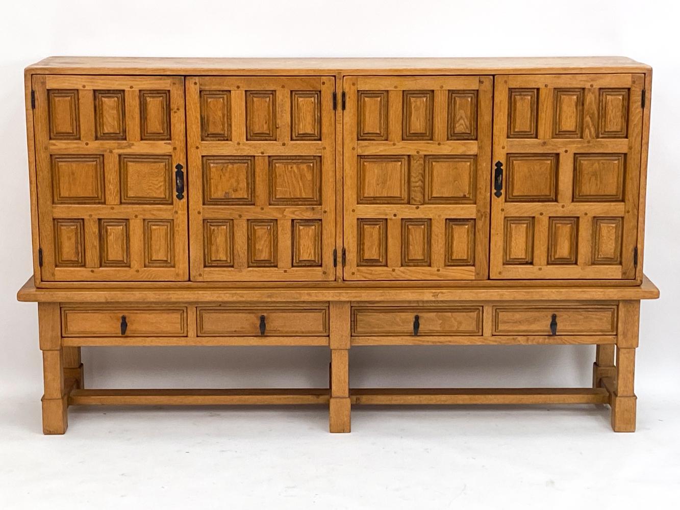 Wrought Iron Spanish Brutalist Oak Highboard, Circa 1970's