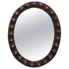 Spanish Brutalist Oval Mirror in Hand-Carved Wood with Brass Studs, 20th Century